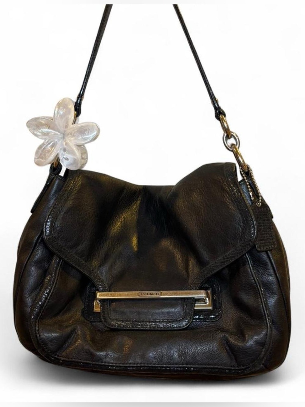 Coach Taylor Flap Black Leather Shoulder Bag with Silver Hardware